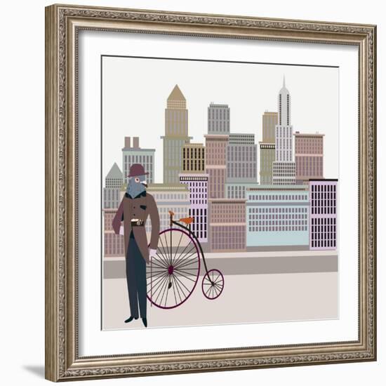 Retro New York Illustration - Vintage Bird On A Bike-run4it-Framed Art Print