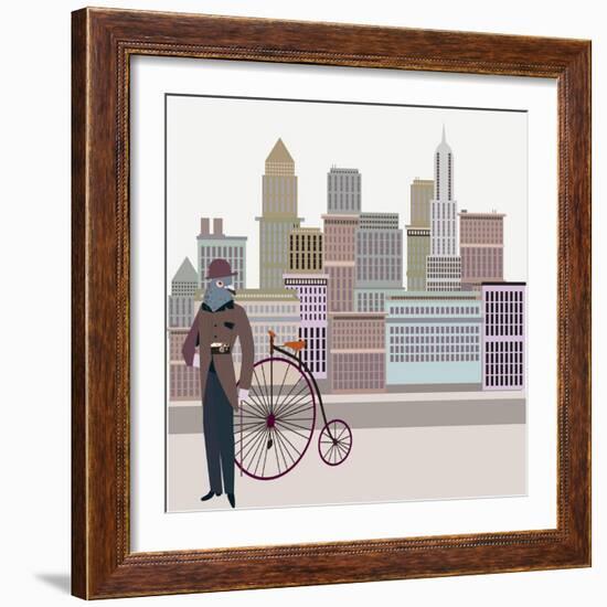 Retro New York Illustration - Vintage Bird On A Bike-run4it-Framed Art Print