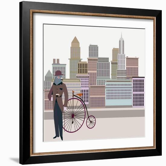 Retro New York Illustration - Vintage Bird On A Bike-run4it-Framed Art Print