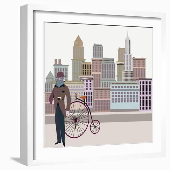 Retro New York Illustration - Vintage Bird On A Bike-run4it-Framed Art Print