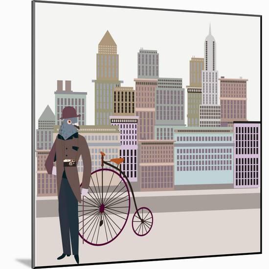 Retro New York Illustration - Vintage Bird On A Bike-run4it-Mounted Art Print