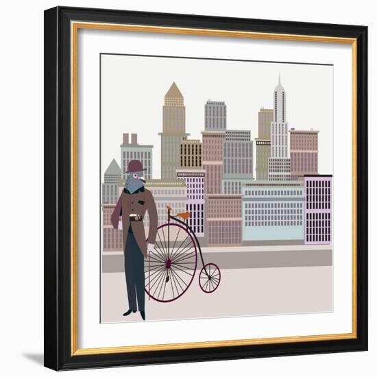 Retro New York Illustration - Vintage Bird On A Bike-run4it-Framed Art Print