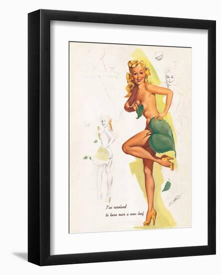 Retro Pin Up, Nude with Green Leaf-Freeman Elliott-Framed Art Print