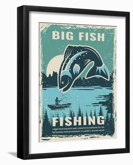 Retro Poster of Fisherman Club with Illustration of Big Fish. Vector Fishing Lake, Fisher Man on Bo-ONYXprj-Framed Art Print