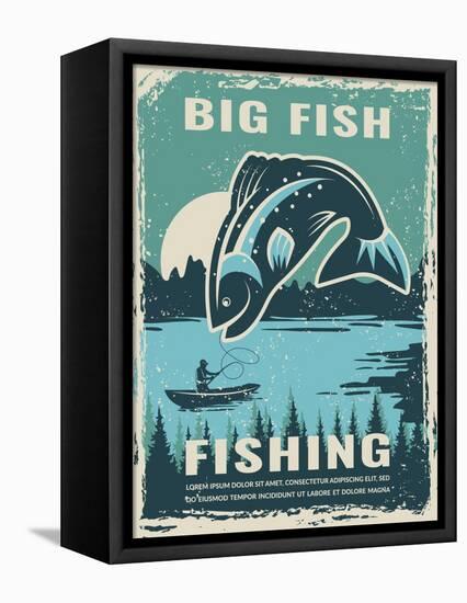 Retro Poster of Fisherman Club with Illustration of Big Fish. Vector Fishing Lake, Fisher Man on Bo-ONYXprj-Framed Stretched Canvas