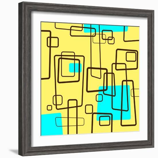 Retro Square Pattern Blue and Yellow-null-Framed Giclee Print