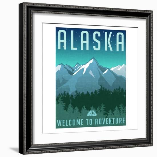 Retro Style Travel Poster or Sticker. United States, Alaska Mountain Landscape.-TeddyandMia-Framed Art Print