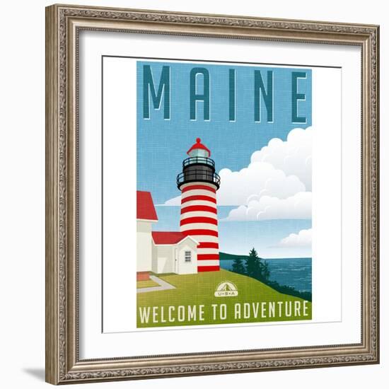 Retro Style Travel Poster or Sticker. United States, Maine Lighthouse.-TeddyandMia-Framed Art Print