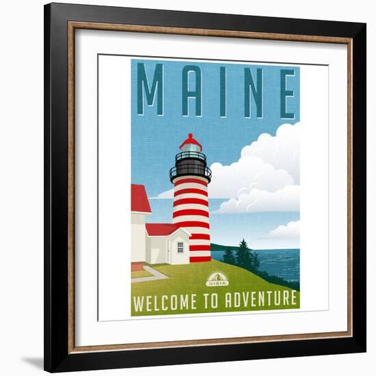 Retro Style Travel Poster or Sticker. United States, Maine Lighthouse.-TeddyandMia-Framed Art Print