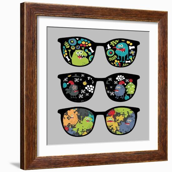 Retro Sunglasses with Monsters Reflection.-panova-Framed Art Print