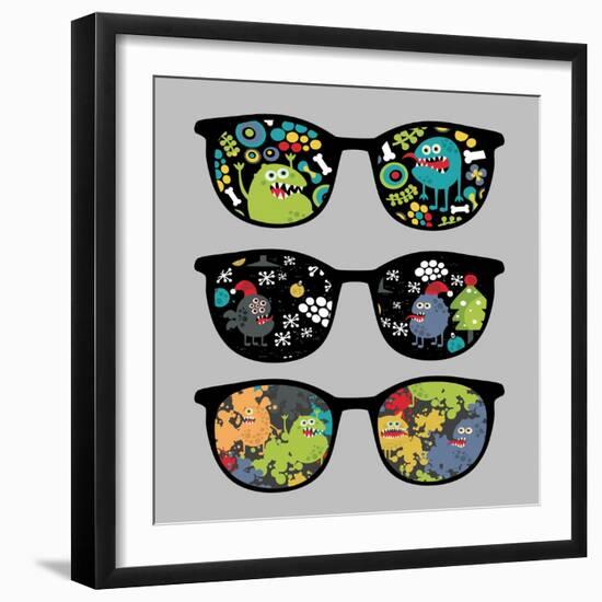 Retro Sunglasses with Monsters Reflection.-panova-Framed Art Print