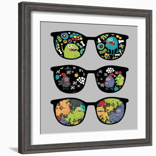 Retro Sunglasses with Monsters Reflection.-panova-Framed Premium Giclee Print