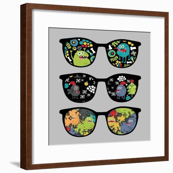 Retro Sunglasses with Monsters Reflection.-panova-Framed Premium Giclee Print