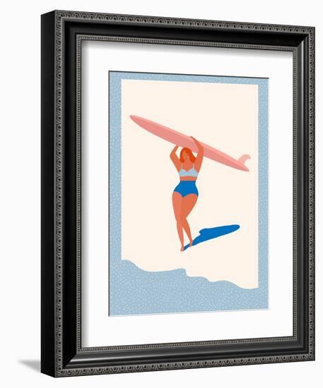 Retro Surfer Girl Carrying Longboard on the Beach-Tasiania-Framed Art Print