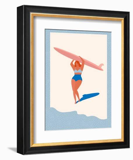 Retro Surfer Girl Carrying Longboard on the Beach-Tasiania-Framed Art Print