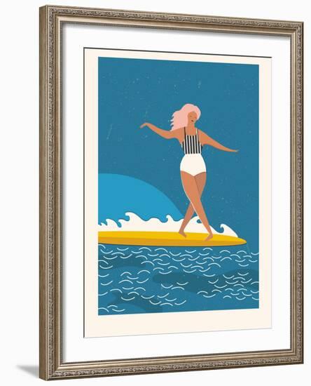 Retro Surfer Girl on a Longboard Riding a Wave-Tasiania-Framed Art Print