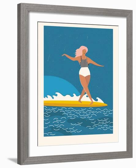 Retro Surfer Girl on a Longboard Riding a Wave-Tasiania-Framed Art Print