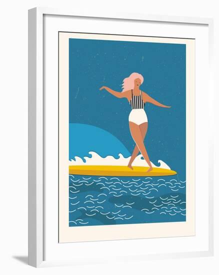 Retro Surfer Girl on a Longboard Riding a Wave-Tasiania-Framed Art Print