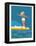 Retro Surfer Girl on a Longboard Riding a Wave-Tasiania-Framed Stretched Canvas