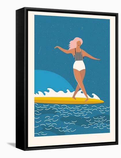 Retro Surfer Girl on a Longboard Riding a Wave-Tasiania-Framed Stretched Canvas