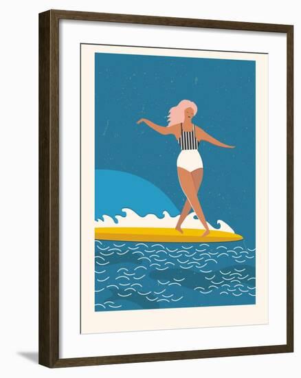 Retro Surfer Girl on a Longboard Riding a Wave-Tasiania-Framed Premium Giclee Print