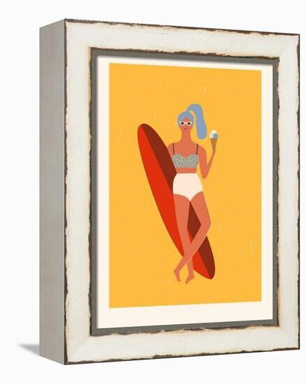 Retro Surfer Girl with Longboard Eating Ice Cream-Tasiania-Framed Stretched Canvas