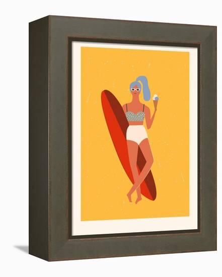Retro Surfer Girl with Longboard Eating Ice Cream-Tasiania-Framed Stretched Canvas