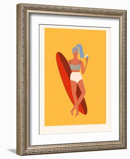 Retro Surfer Girl with Longboard Eating Ice Cream-Tasiania-Framed Art Print