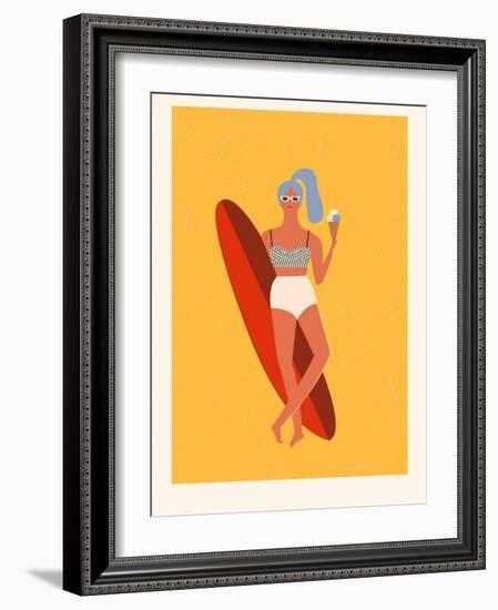 Retro Surfer Girl with Longboard Eating Ice Cream-Tasiania-Framed Art Print