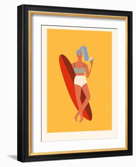 Retro Surfer Girl with Longboard Eating Ice Cream-Tasiania-Framed Art Print