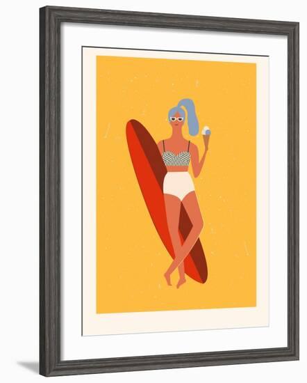 Retro Surfer Girl with Longboard Eating Ice Cream-Tasiania-Framed Art Print