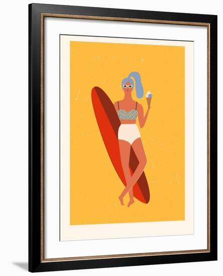 Retro Surfer Girl with Longboard Eating Ice Cream-Tasiania-Framed Art Print