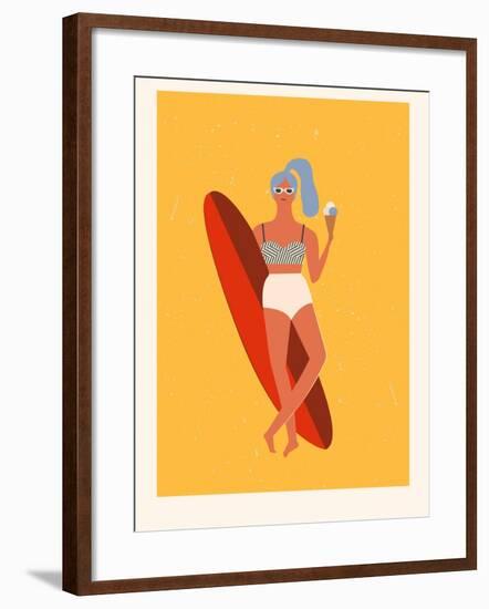 Retro Surfer Girl with Longboard Eating Ice Cream-Tasiania-Framed Art Print