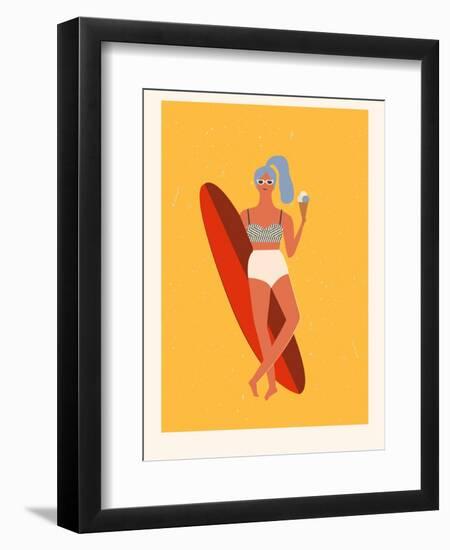 Retro Surfer Girl with Longboard Eating Ice Cream-Tasiania-Framed Premium Giclee Print