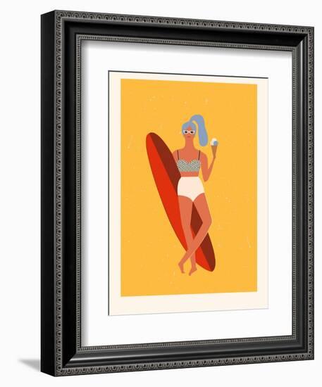 Retro Surfer Girl with Longboard Eating Ice Cream-Tasiania-Framed Premium Giclee Print
