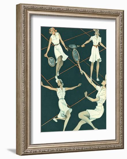 Retro Tennis Poster, Woman's Doubles Match-null-Framed Art Print