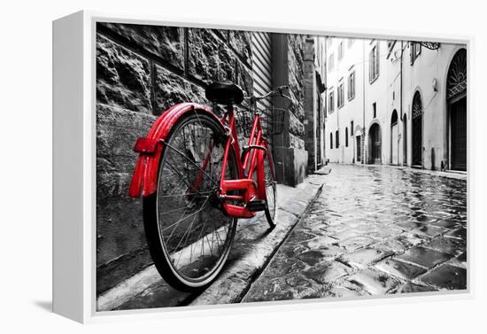 Retro Vintage Red Bike on Cobblestone Street in the Old Town. Color in Black and White. Old Charmin-Michal Bednarek-Framed Premier Image Canvas