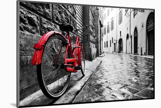 Retro Vintage Red Bike on Cobblestone Street in the Old Town. Color in Black and White. Old Charmin-Michal Bednarek-Mounted Photographic Print