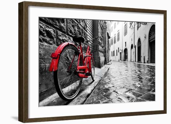 Retro Vintage Red Bike on Cobblestone Street in the Old Town. Color in Black and White. Old Charmin-Michal Bednarek-Framed Premium Photographic Print