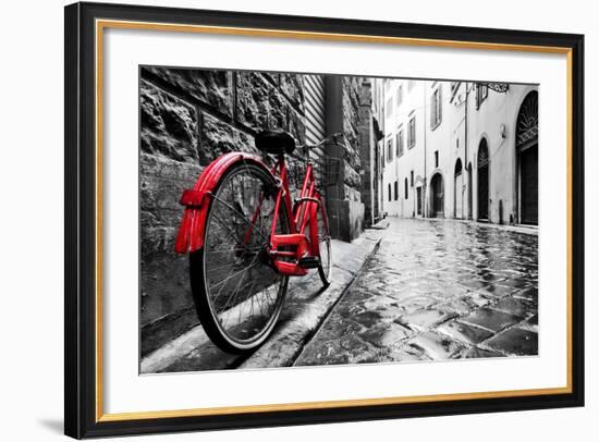 Retro Vintage Red Bike on Cobblestone Street in the Old Town. Color in Black and White. Old Charmin-Michal Bednarek-Framed Premium Photographic Print