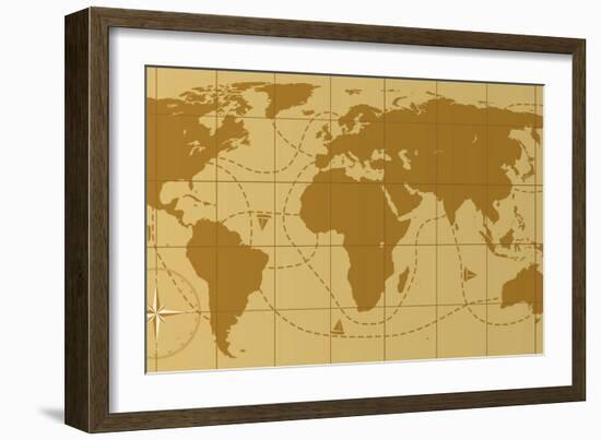 Retro World Map With Compass Rose-dmstudio-Framed Art Print