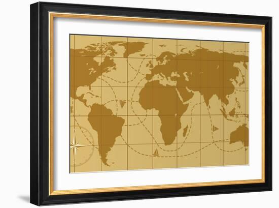 Retro World Map With Compass Rose-dmstudio-Framed Art Print