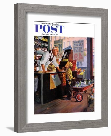 "Returning Bottles for Refund" Saturday Evening Post Cover, March 28, 1959-George Hughes-Framed Giclee Print
