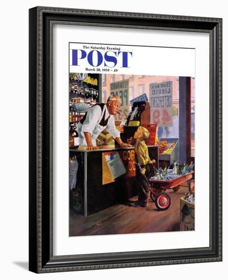 "Returning Bottles for Refund" Saturday Evening Post Cover, March 28, 1959-George Hughes-Framed Giclee Print