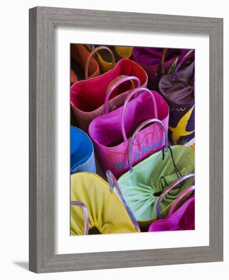 Reunion-made bags for sale, Covered Market, St-Paul, Reunion Island, France-Walter Bibikow-Framed Photographic Print