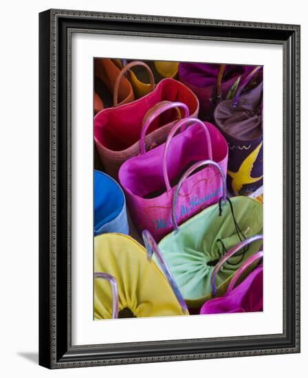 Reunion-made bags for sale, Covered Market, St-Paul, Reunion Island, France-Walter Bibikow-Framed Photographic Print