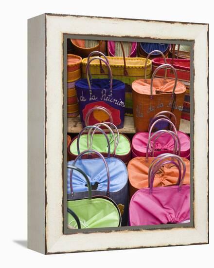 Reunion-made handbags, Seafront Market, St-Paul, Reunion Island, France-Walter Bibikow-Framed Premier Image Canvas