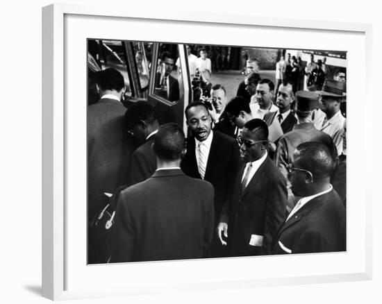 Reverend Martin Luther King Jr. with Freedom Riders Boarding Bus for Jackson-Paul Schutzer-Framed Premium Photographic Print