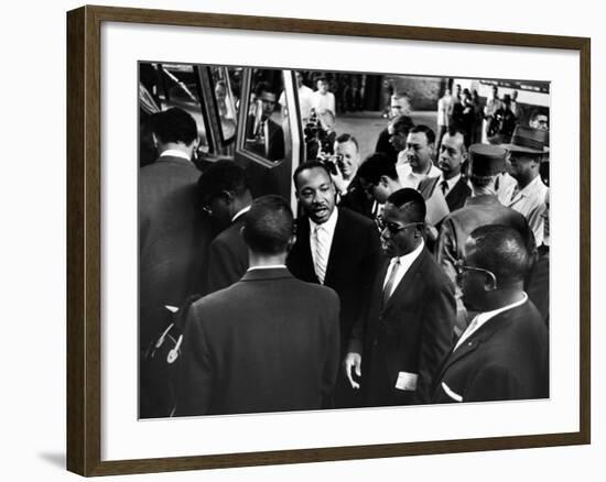 Reverend Martin Luther King Jr. with Freedom Riders Boarding Bus for Jackson-Paul Schutzer-Framed Premium Photographic Print