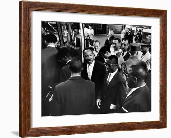 Reverend Martin Luther King Jr. with Freedom Riders Boarding Bus for Jackson-Paul Schutzer-Framed Premium Photographic Print